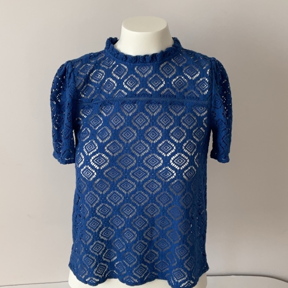 LOFT Ruffle Neck Lace Top PTP 16 - Picture 2 of 9